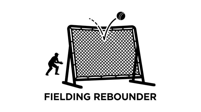 Baseball Fielding Rebounder Concept Icon with Player Silhouette and Ball Trajectory, Sports Training Design