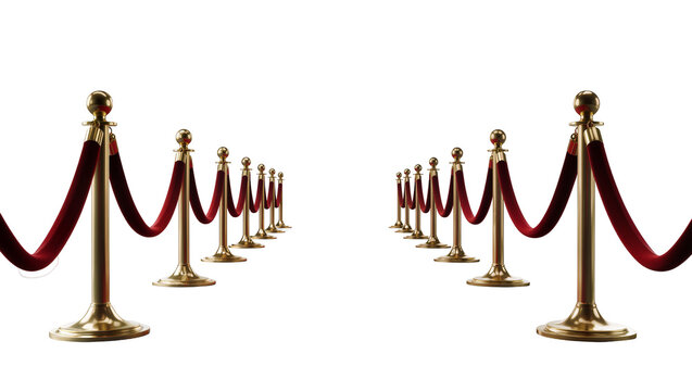 Golden stanchions with red velvet ropes, isolated on transparent background