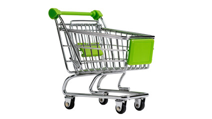 Miniature chrome shopping cart with green accents, isolated on transparent background © Aliona