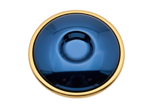 A circular, glossy blue button with a smooth concave center and a polished gold metallic rim, isolated against a solid black background