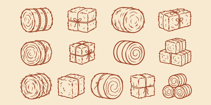 Set of hand drawn hay bales in various shapes and arrangements with hay bale line art agriculture haystack countryside illustration collection autumnal seasonal farmhouse livestock