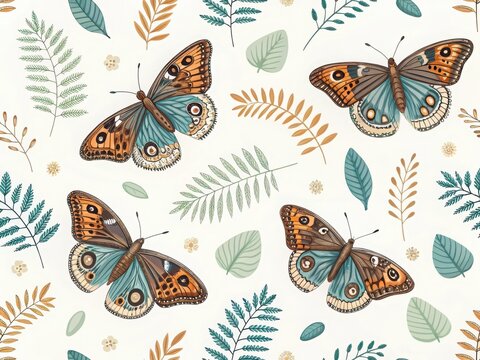 Colorful butterflies on leafy background pattern