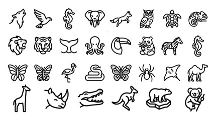 Obraz premium Comprehensive collection of diverse wild animal line icons representing global wildlife species with wildlife, creature