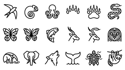 Fototapeta premium Set of animal and wildlife line art icons featuring rare species and nature symbols wildlife creature illustration