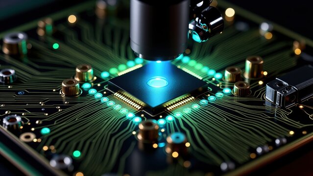 Close-up of a computer microprocessor on a circuit board