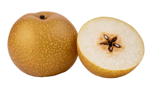 Golden Asian pear whole and halved showing seeds, isolated on transparent background