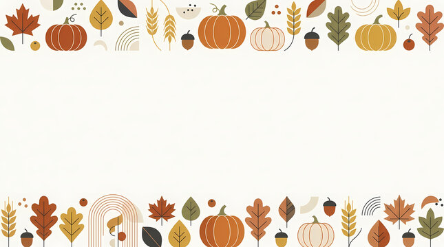 Colorful autumn harvest border with pumpkins and leaves.