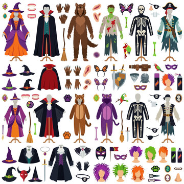 Halloween costume collection vector set, spooky masquerade party outfits and accessories, carnival dress up icons for witch vampire and skeleton isolated on White Background Halloween