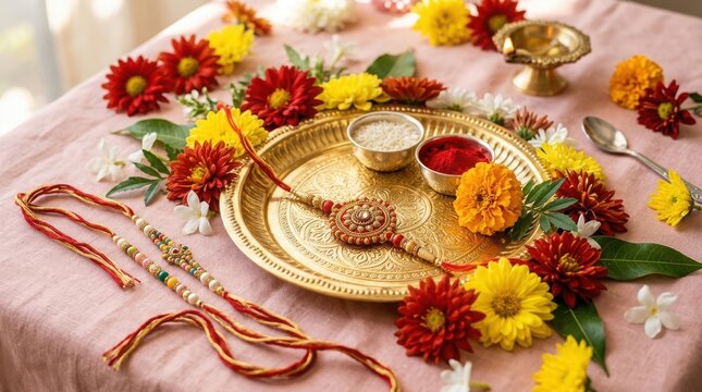 Golden rakhi bracelet on brass plate with rice grains vermilion powder and fresh colorful flowers for raksha bandhan day.