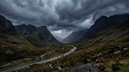 Fototapeta premium Dramatic Storm Clouds Over Glencoe Valley Scotland Road Trip