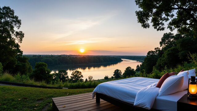 Scenic outdoor scene of a cozy bed with white linens and pillows on a wooden deck overlooking a sunset over a river and lush greenery