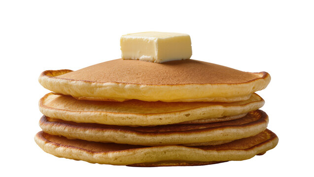 Stack of golden brown pancakes with a cube of butter melting on top, isolated on transparent background
