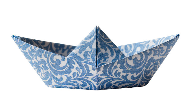 Blue and white patterned origami paper boat, isolated on transparent background