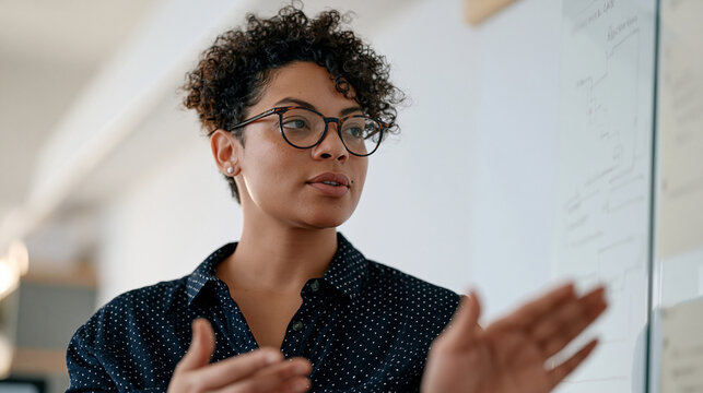A design thinking facilitator stands against a clinical white background, hands gesturing over a blockchain supply chain diagram mapped on a glass panel, embodying strategic