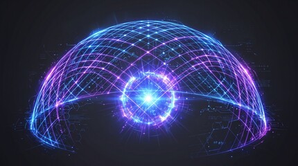 Obraz premium A glowing blue and purple digital energy dome encloses a bright central core against a dark technological network background.