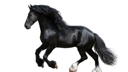 Majestic black Friesian horse with flowing mane and tail, isolated on transparent background © Aliona
