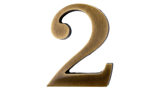 Antique brass number 2 with brushed texture, isolated on transparent background