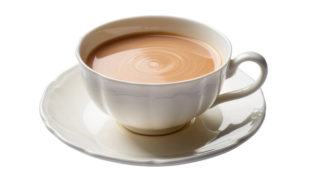 White ceramic teacup filled with milky tea, isolated on transparent background