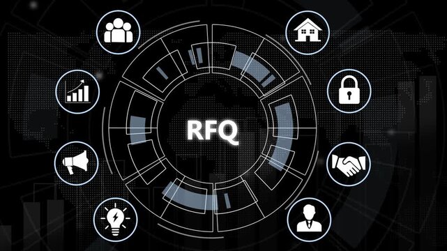 Request for quotation rfq digital interface concept featuring animated business procurement process workflow, supply chain management, corporate strategy, financial growth, and networking