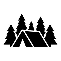 Obraz premium Black silhouette of a camping tent situated in front of a forest of pine trees, isolated on a white background, outdoor adventure