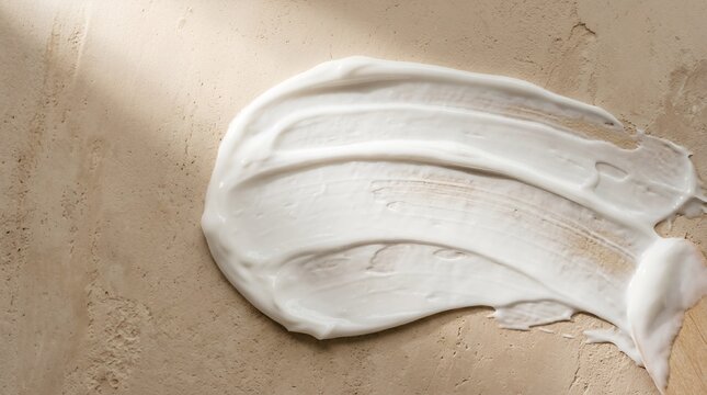 White cosmetic cream smear on beige background. Skincare texture closeup. Moisturizer lotion dollop. Clean beauty product concept.