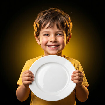 A happy young boy holding an empty white plate with a smile and looking towards the camera on a dark background