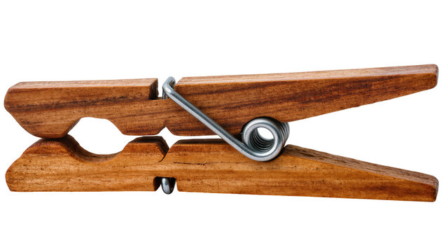 Wooden clothespin with metal spring, isolated on transparent background