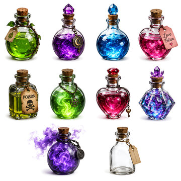 Collection of magical potion bottles with glowing liquids and mystical accessories isolated on a white background