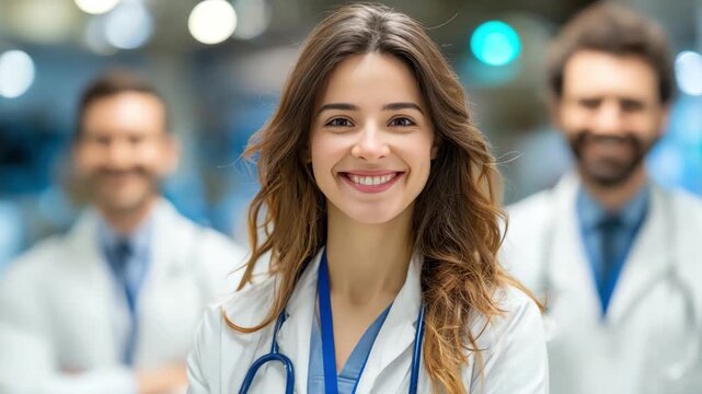 Medical Professionals Ready to Serve: A close-up portrait of a smiling female doctor, with two male colleagues blurred in the background, embodying dedication and care in the healthcare field.