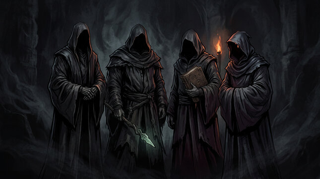 Four Hooded Dark Figures in Black Cloaks Gothic Fantasy Illustration Isolated on White Background