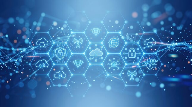 Abstract digital network connection with hexagon pattern cloud computing wifi signal global internet data transfer cybersecurity blockchain technology futuristic blue glowing