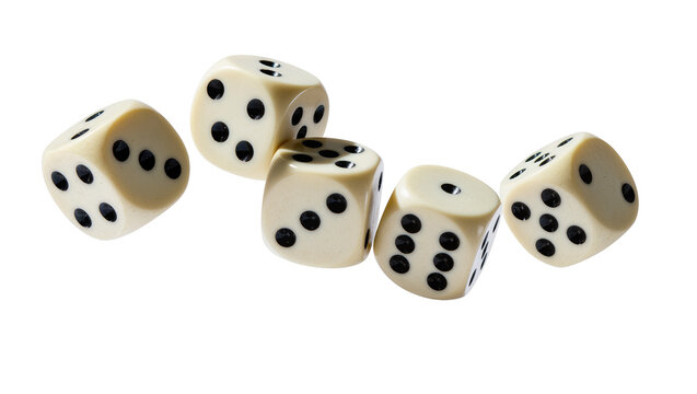 Five ivory dice with black pips scattered, isolated on transparent background