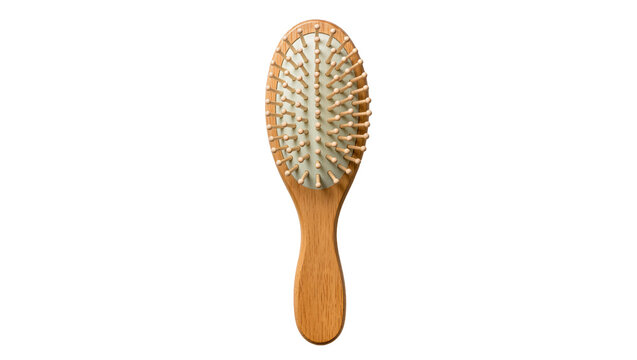 Oval wooden hairbrush with light beige cushion and wooden pins, isolated on transparent background