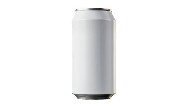 Blank white aluminum soda can with silver top and bottom, isolated on transparent background