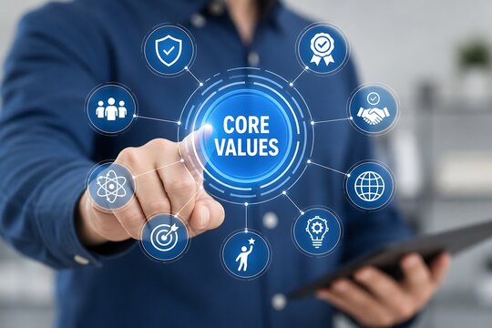 Businessman interacting with holographic core values interface on digital tablet