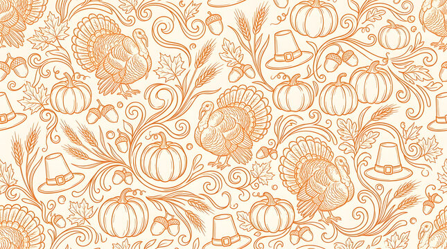 Seamless pattern background featuring hand drawn thanksgiving elements like turkeys pumpkins wheat stalks and pilgrim hats in a vintage orange sketch style design
