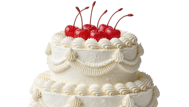 Two-tiered white cake with piped frosting and cherries, isolated on transparent background