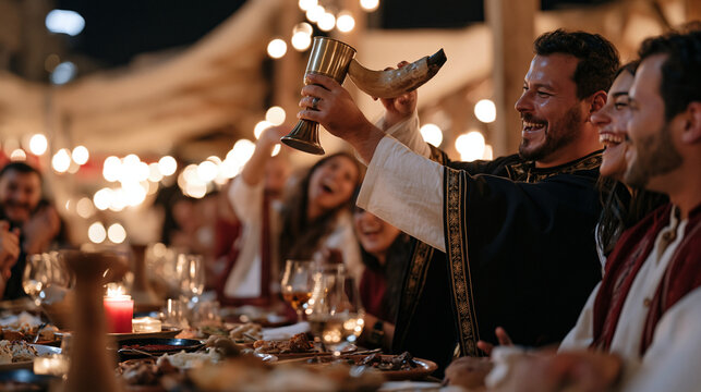 Georgian supra feast setting glimpsed candidly at a luxury hospitality venue outdoor market night, a toastmaster mid-tamada speech raising a ram's horn cup as guests laugh unposed
