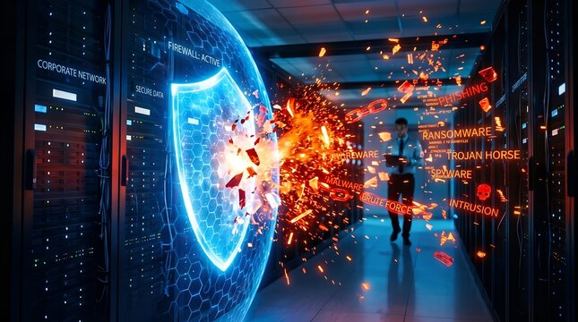 Catastrophic cybersecurity breach concept illustrating a shattered digital firewall shield in a server room under a severe ransomware and malware attack.