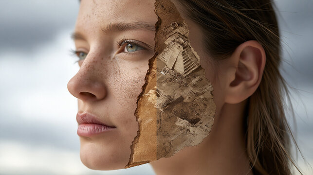 A before and after skincare esthetics treatment panel set against an overcast dramatic sky backdrop shows a client skin analysis screen split with an Aztec pyramid excavation site