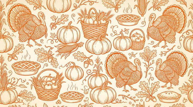 Seamless pattern featuring hand drawn illustrations of thanksgiving turkeys pumpkins harvest baskets and pies on a light cream background for seasonal holiday design projects