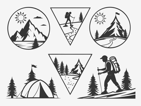 expedition-themed vector badges featuring mountain summits, climbing routes, trekking poles, backpacks, tents, rivers, pine trees, sunrise landscapes, and trail markers. Every badge should