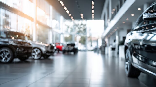 Car dealership showroom interior blurred background luxury auto vehicle shop automotive retail business transport industry