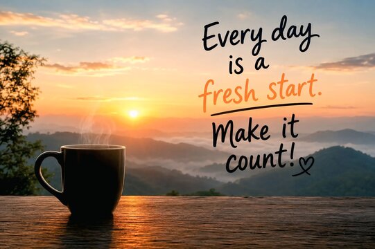 Inspirational quote about a fresh start with a cup of hot coffee on a wooden table at sunrise