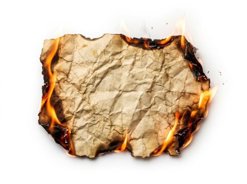 A piece of old crumpled paper burning with bright orange flames and glowing embers on the edges isolated on white background , png