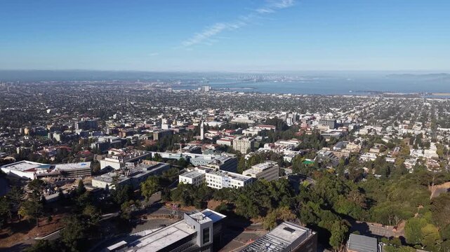 Drone views over the University of California, Berkeley capture the campus, surrounding neighborhoods, and the San Francisco skyline in the distance, highlighting the region's academic and urban lands