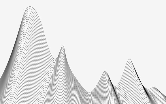 Abstract digital background of thin black wavy contour lines forming 3D mountain peaks.