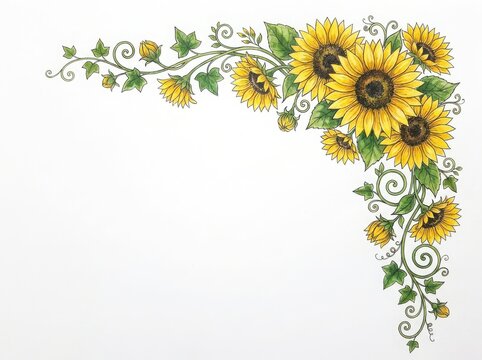 Beautiful decorative corner frame border with yellow sunflowers and green leaves in a hand drawn illustration style isolated on white background , png