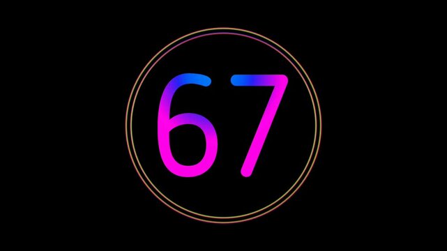 Neon Number 67 Animation Glowing flicking Gradient Blue Pink Digital Futuristic LED Numeric Loop Abstract Tech in Circle Light Motion Graphics Modern Minimal black background