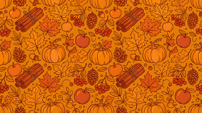 Seamless pattern with hand drawn autumn elements including pumpkins cinnamon sticks maple leaves apples and pine cones on a warm orange background design